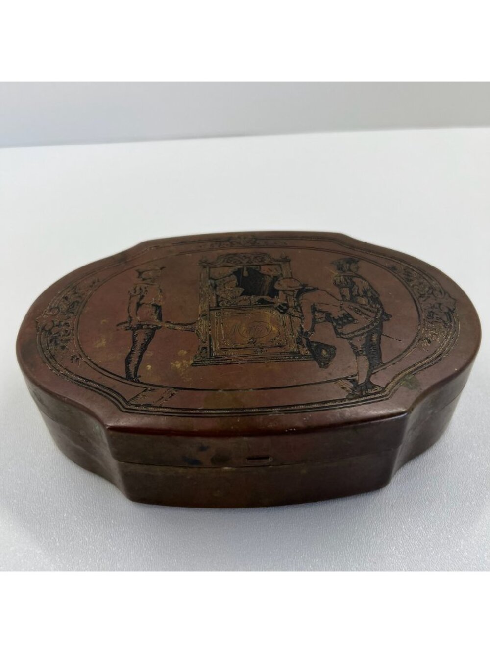Vintage Schraffts Brass Candy Tin Box Boston Mass Mother Etched Court Scene 1Lb